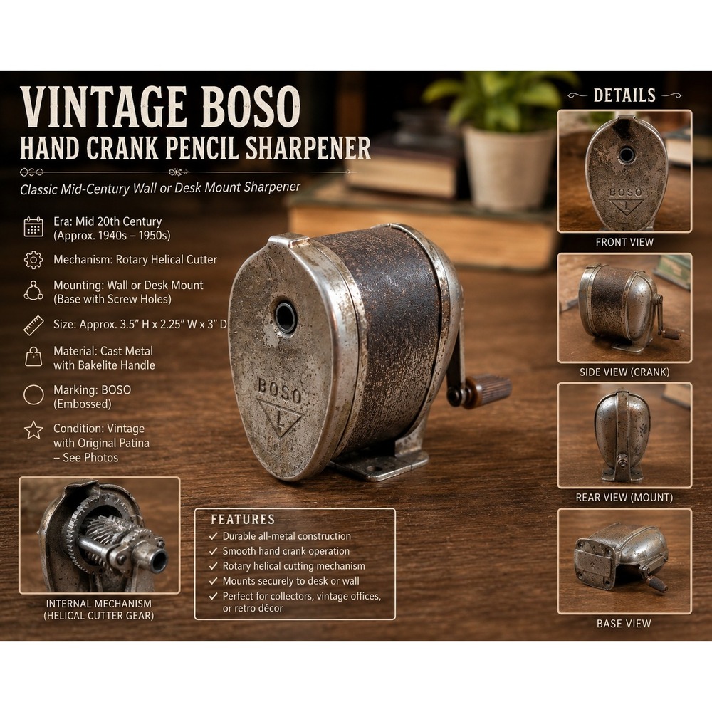 Vintage Boston Model L Hand Crank Pencil Sharpener Metal Wall Desk Mount‎ 1950s